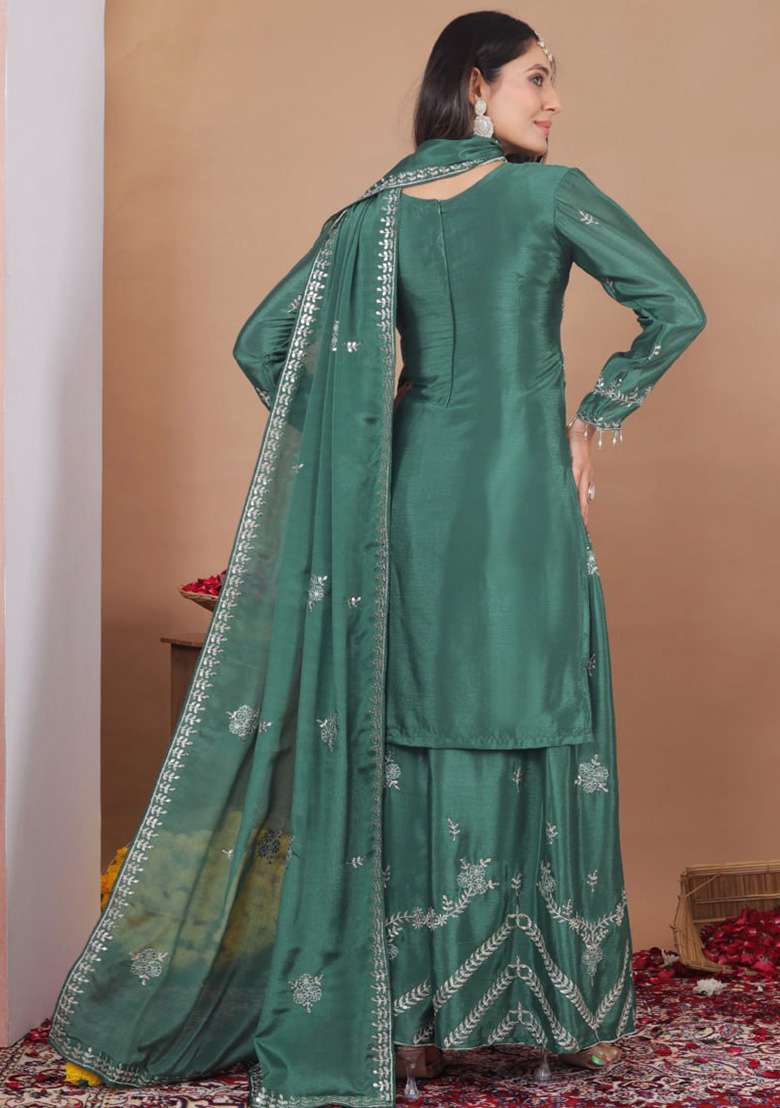 Green Embroidered Silk Blend Sharara Set - Indya