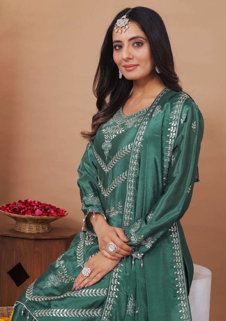 Green Embroidered Silk Blend Sharara Set - Indya