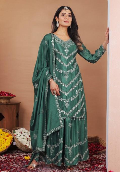 Green Embroidery Silk Kurta Set