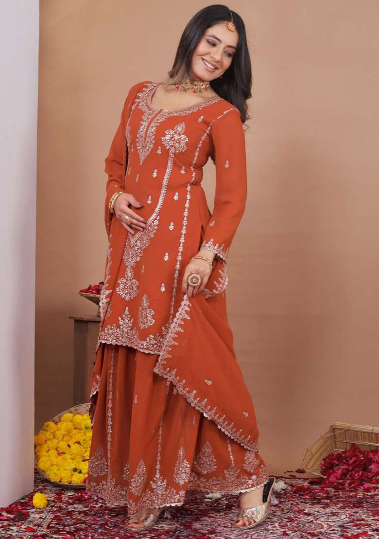 Orange Embroidered Georgette Sharara Set - Indya