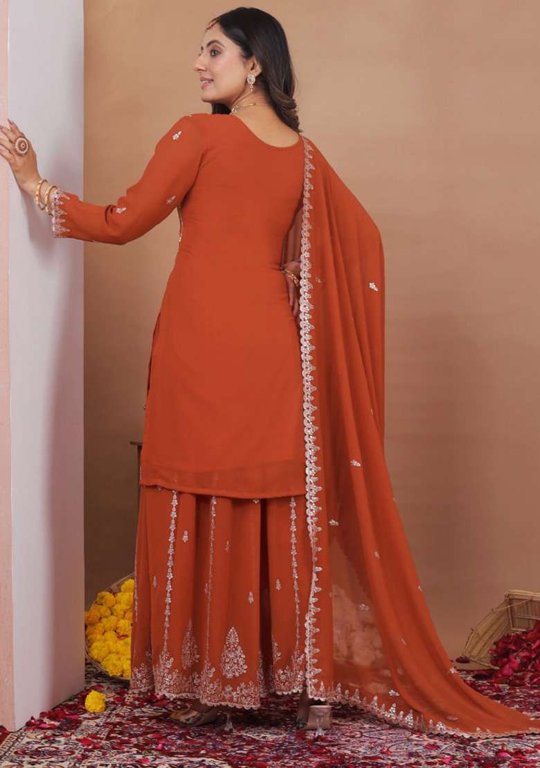 Orange Embroidered Georgette Sharara Set - Indya