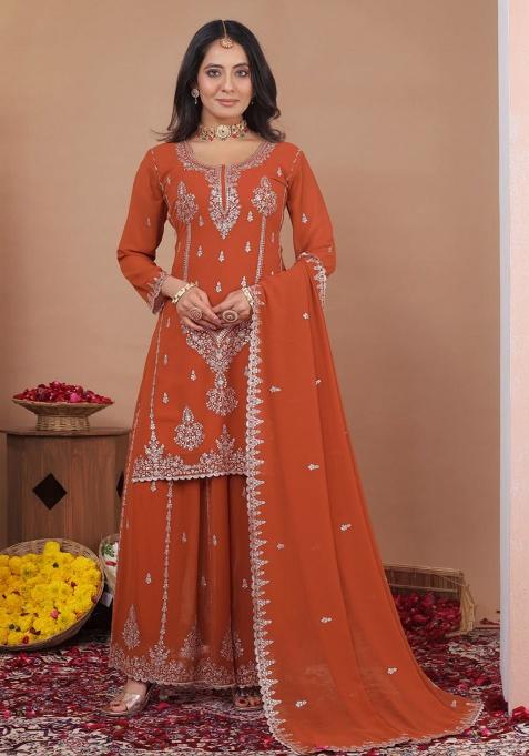 Orange Embroidery Georgette Kurta Set
