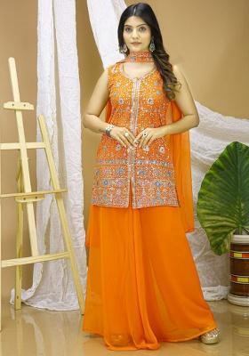 Orange Embroidery Georgette Kurta Set