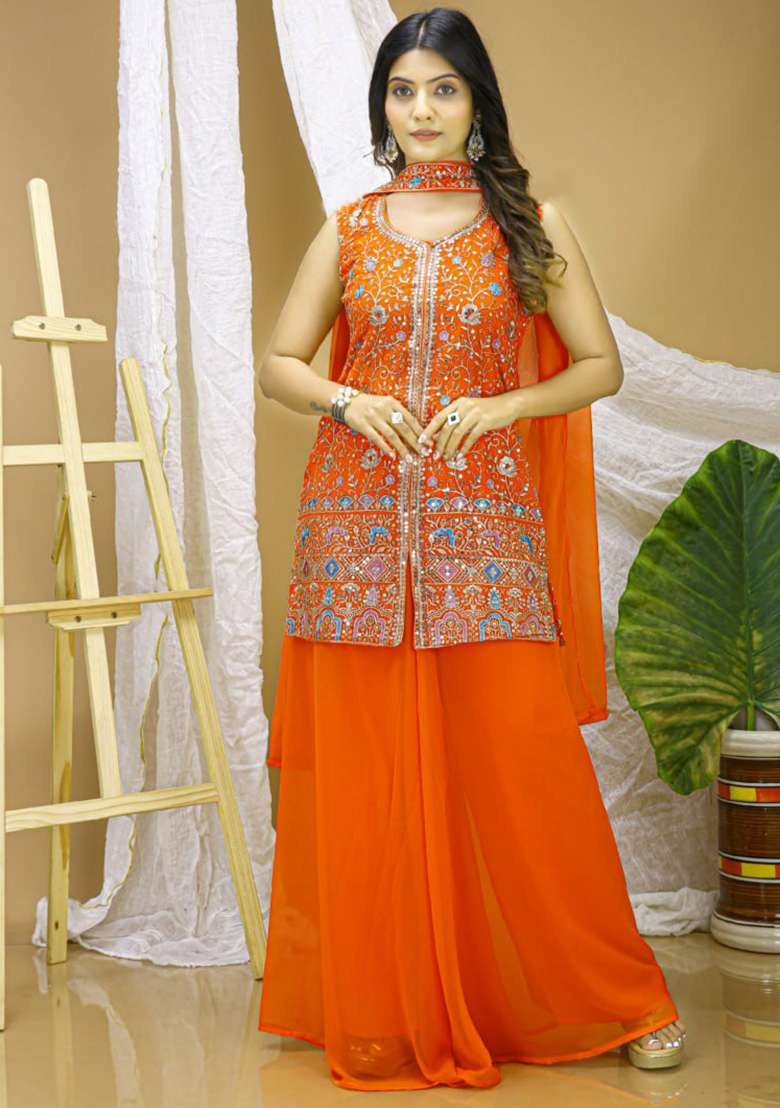 Orange Embroidered Georgette Sharara Set - Indya