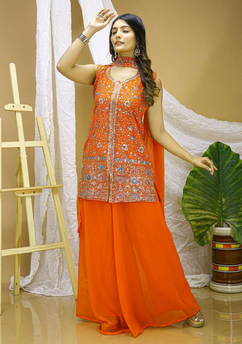 Orange Embroidered Georgette Sharara Set - Indya