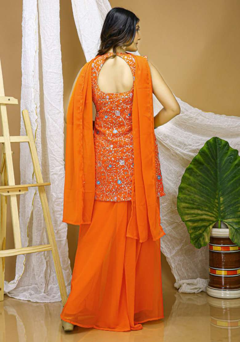 Orange Embroidered Georgette Sharara Set - Indya