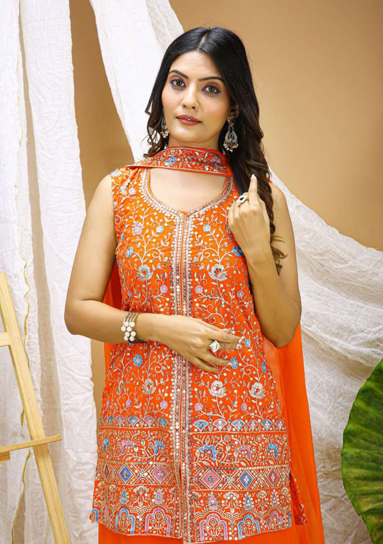 Orange Embroidered Georgette Sharara Set - Indya