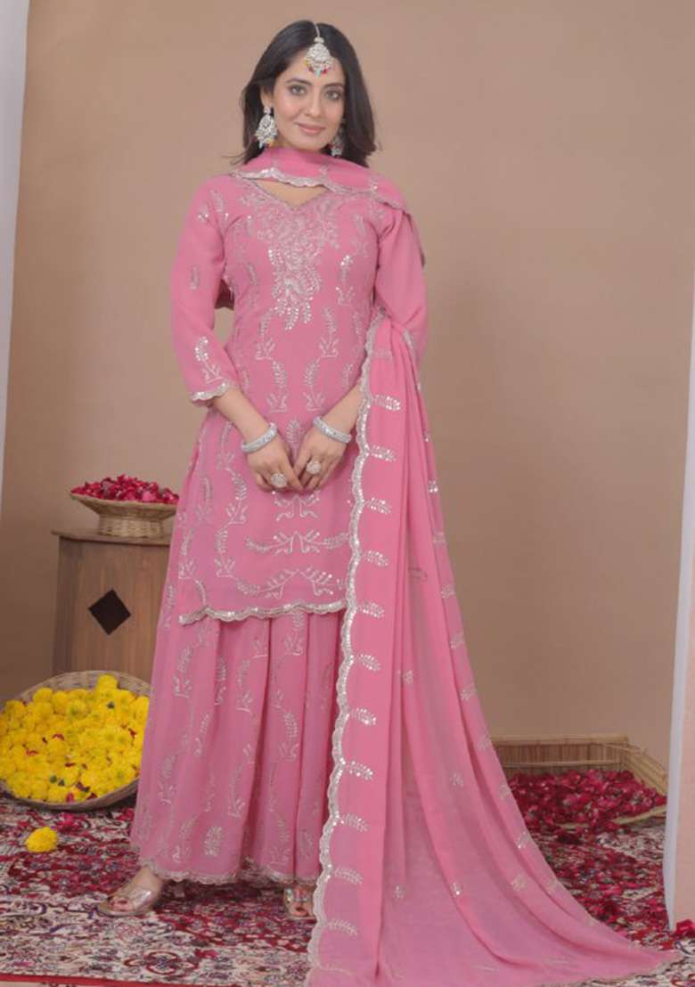 Pink Embroidered Georgette Sharara Set - Indya