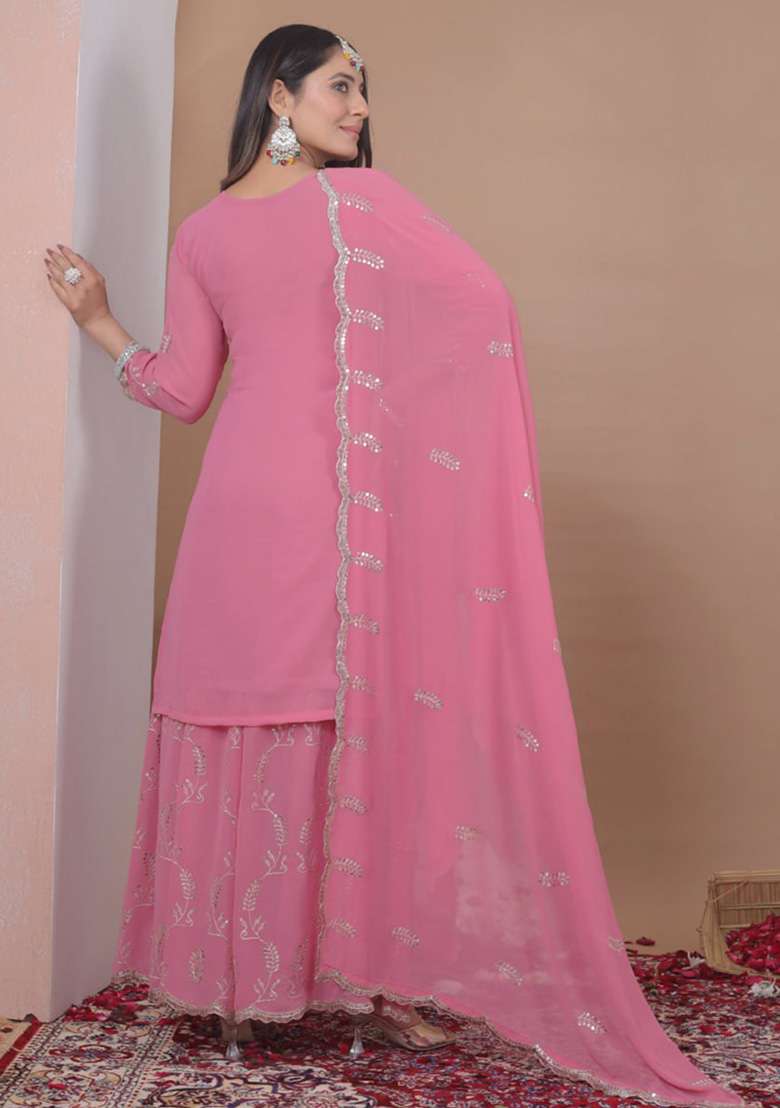 Pink Embroidered Georgette Sharara Set - Indya