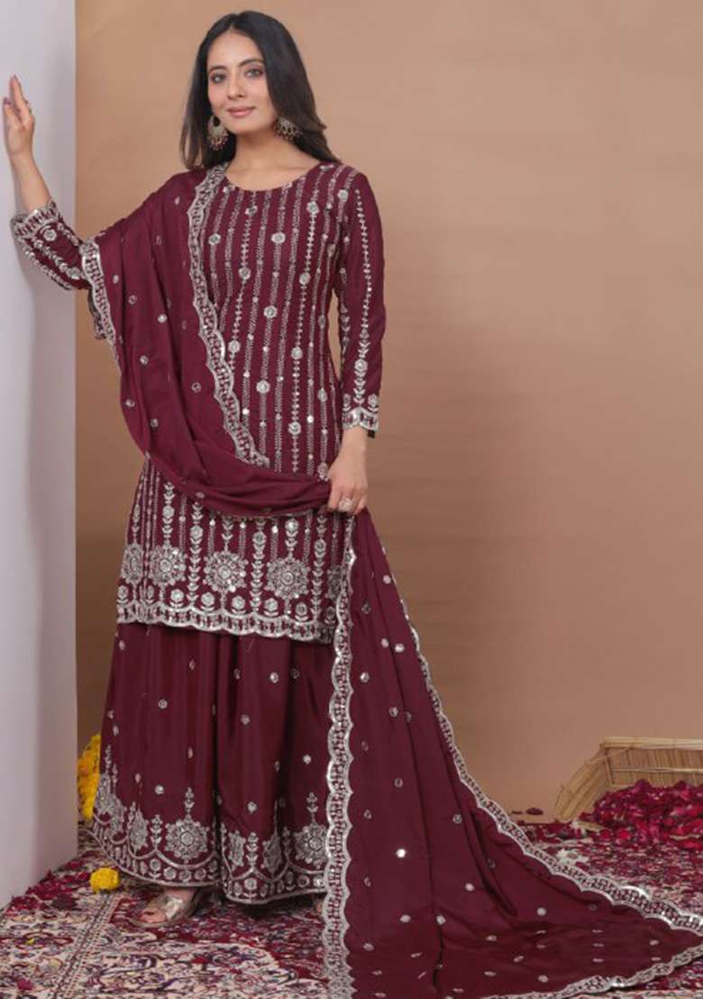 Maroon Embroidered Georgette Sharara Set - Indya