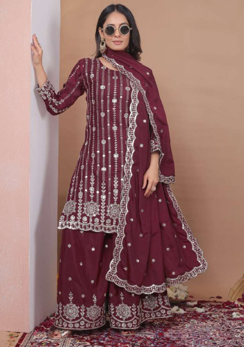 Maroon Embroidered Georgette Sharara Set - Indya