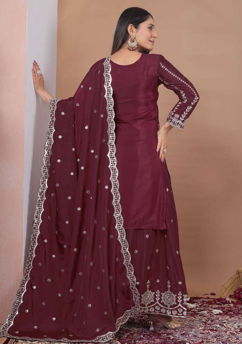 Maroon Embroidered Georgette Sharara Set - Indya
