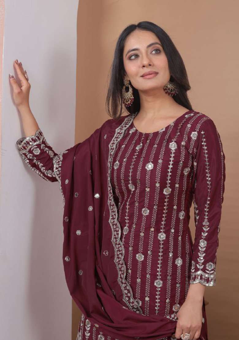 Maroon Embroidered Georgette Sharara Set - Indya