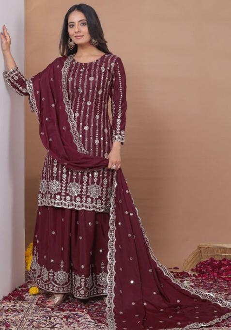 Maroon Embroidery Georgette Kurta Set