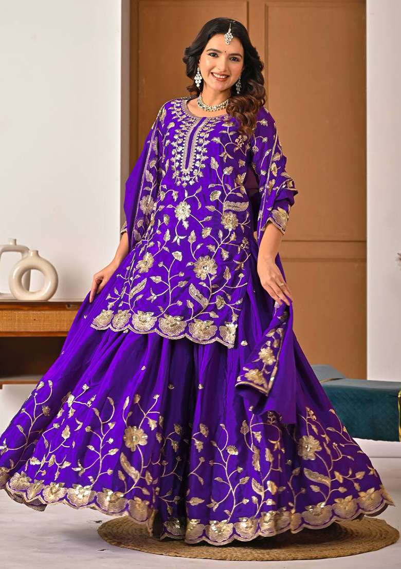 Blue Embroidered Silk Blend Sharara Set - Indya