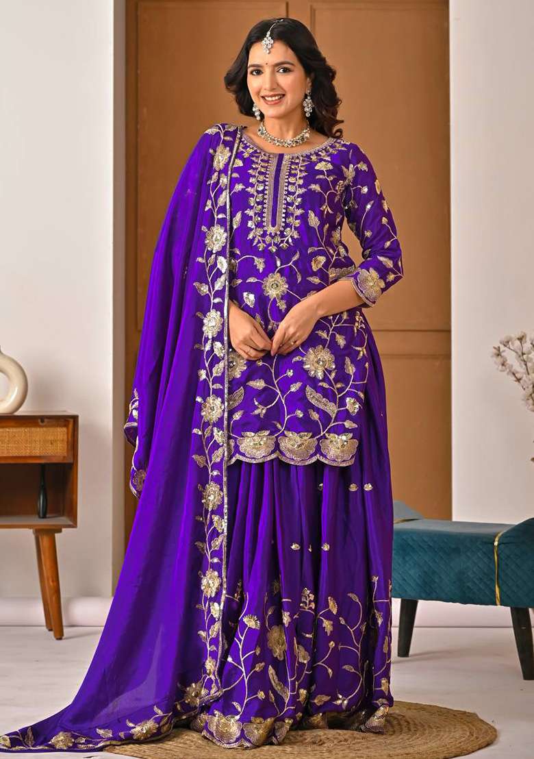 Blue Embroidered Silk Blend Sharara Set - Indya