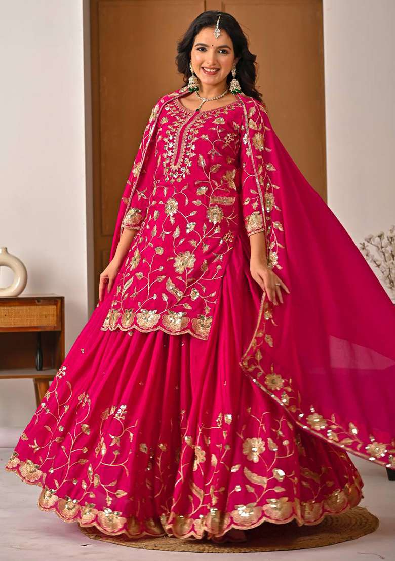 Pink Embroidered Silk Blend Sharara Set - Indya