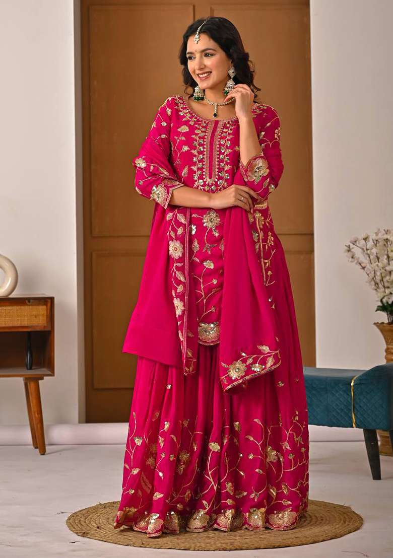 Pink Embroidered Silk Blend Sharara Set - Indya