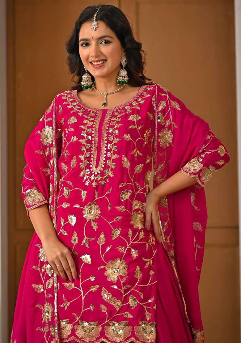 Pink Embroidered Silk Blend Sharara Set - Indya