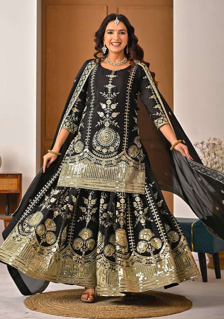 Black Embroidered Silk Blend Sharara Set - Indya