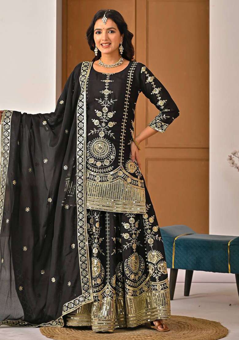 Black Embroidered Silk Blend Sharara Set - Indya