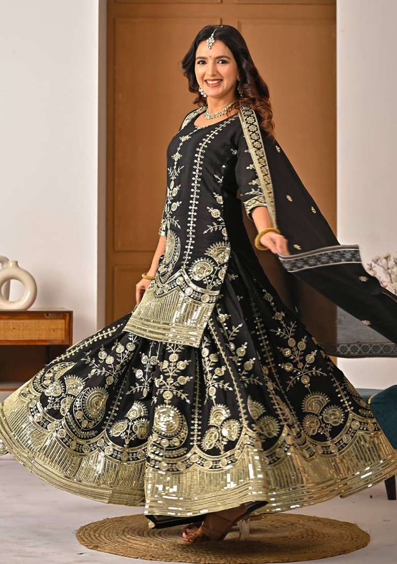 Black Embroidered Silk Blend Sharara Set - Indya