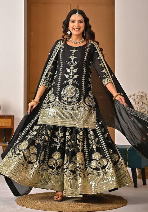 Black Embroidery Silk Kurta Set