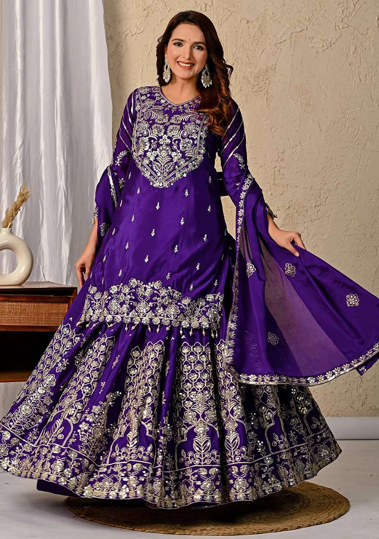 Blue Embroidered Silk Blend Sharara Set - Indya