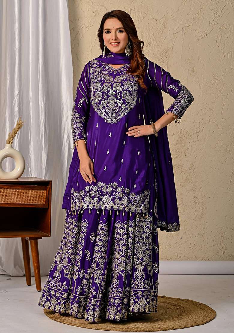Blue Embroidered Silk Blend Sharara Set - Indya