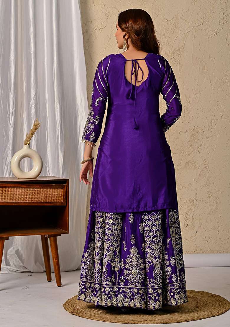 Blue Embroidered Silk Blend Sharara Set - Indya