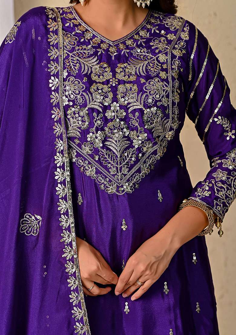 Blue Embroidered Silk Blend Sharara Set - Indya