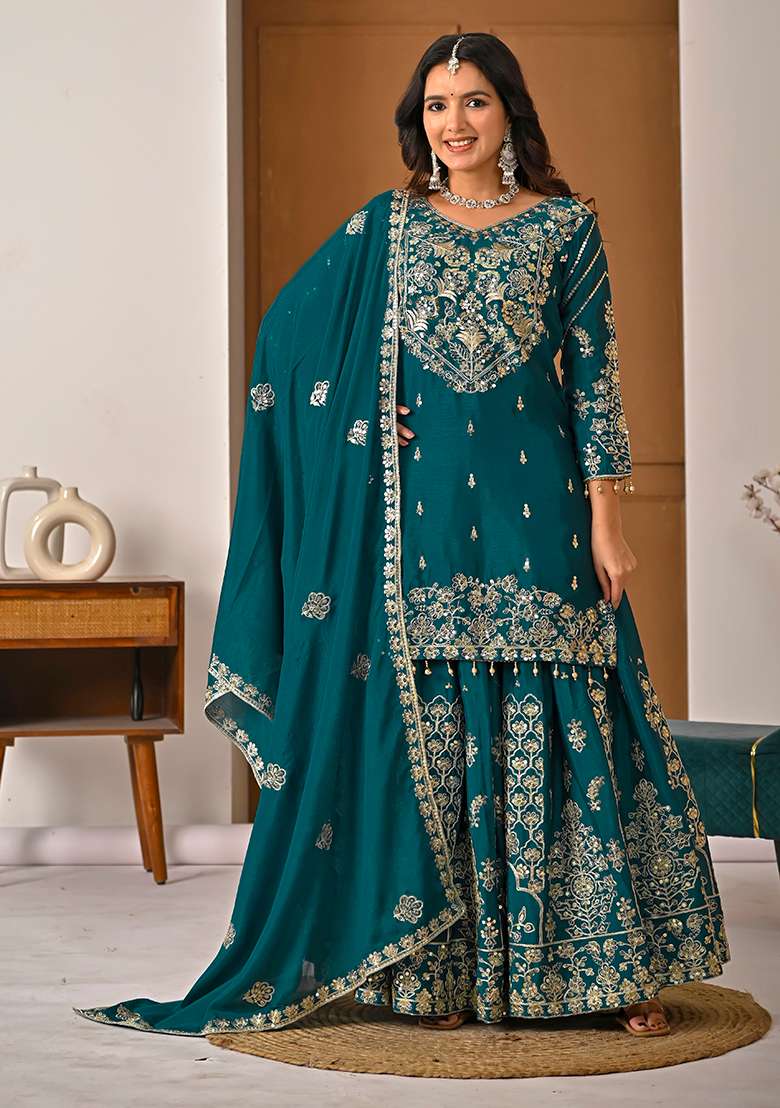 Blue Embroidered Silk Blend Sharara Set - Indya