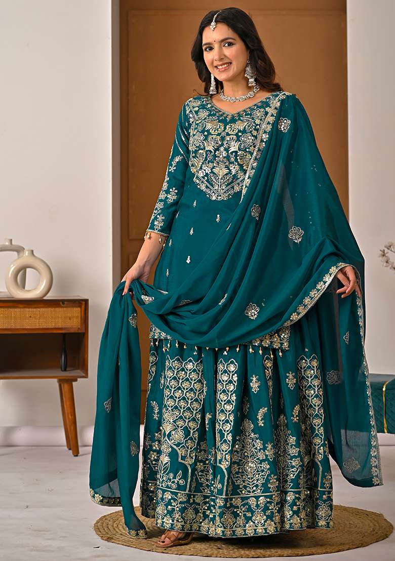 Blue Embroidered Silk Blend Sharara Set - Indya