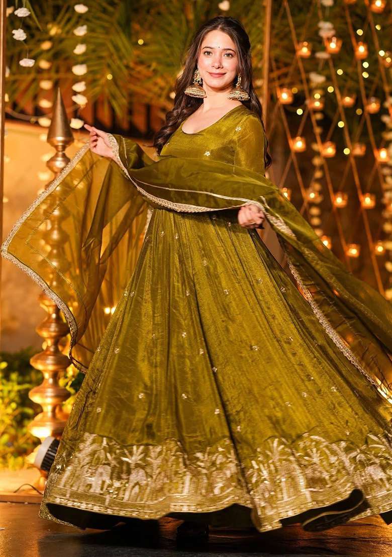 Mehendi Embroidery Silk Sharara Set - Indya