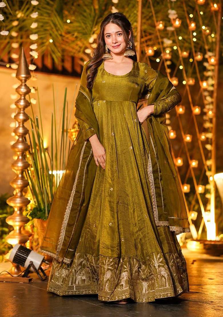 Mehendi Embroidery Silk Sharara Set - Indya