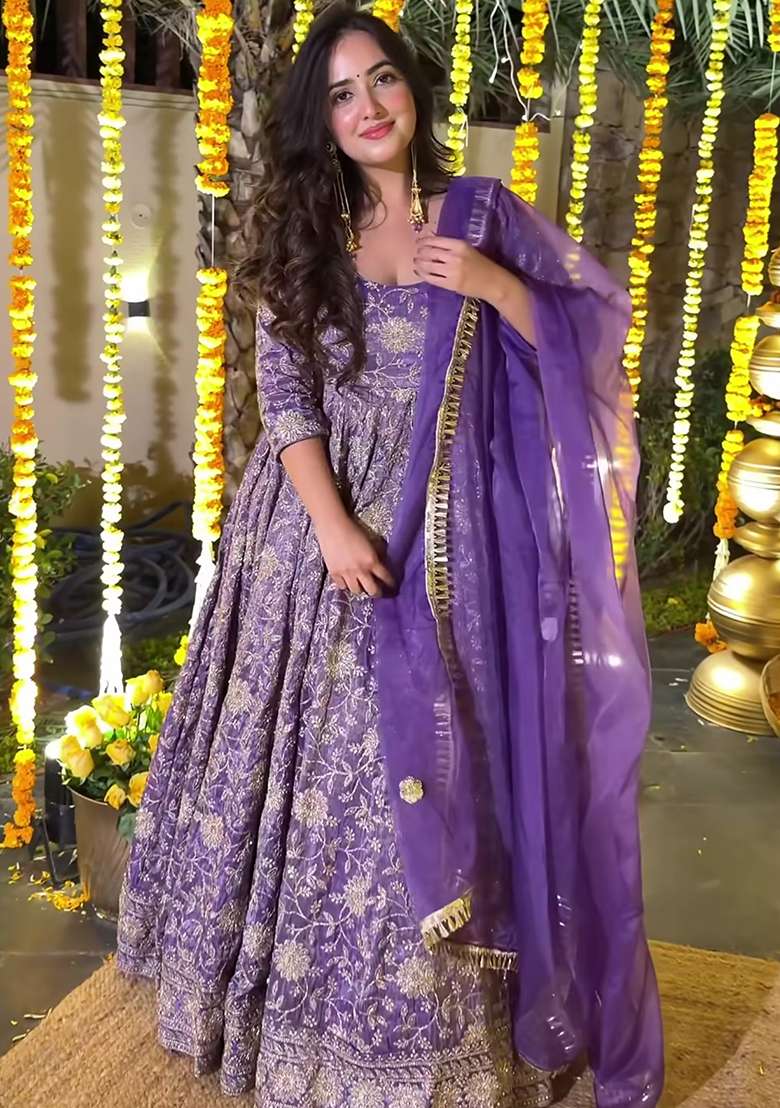 Purple Printed Silk Blend Anarkali Set - Indya