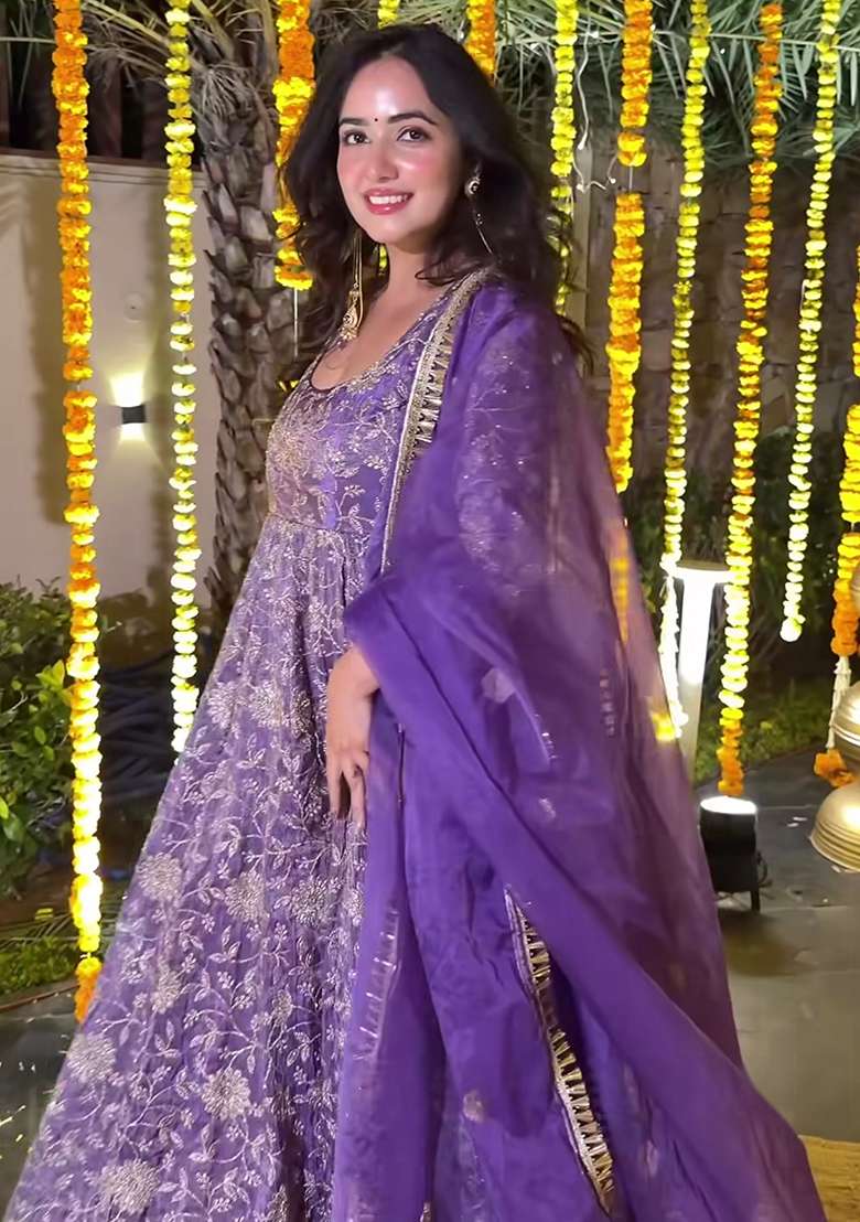 Purple Printed Silk Blend Anarkali Set - Indya