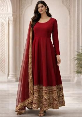 Maroon Embroidery Silk Anarkali Set
