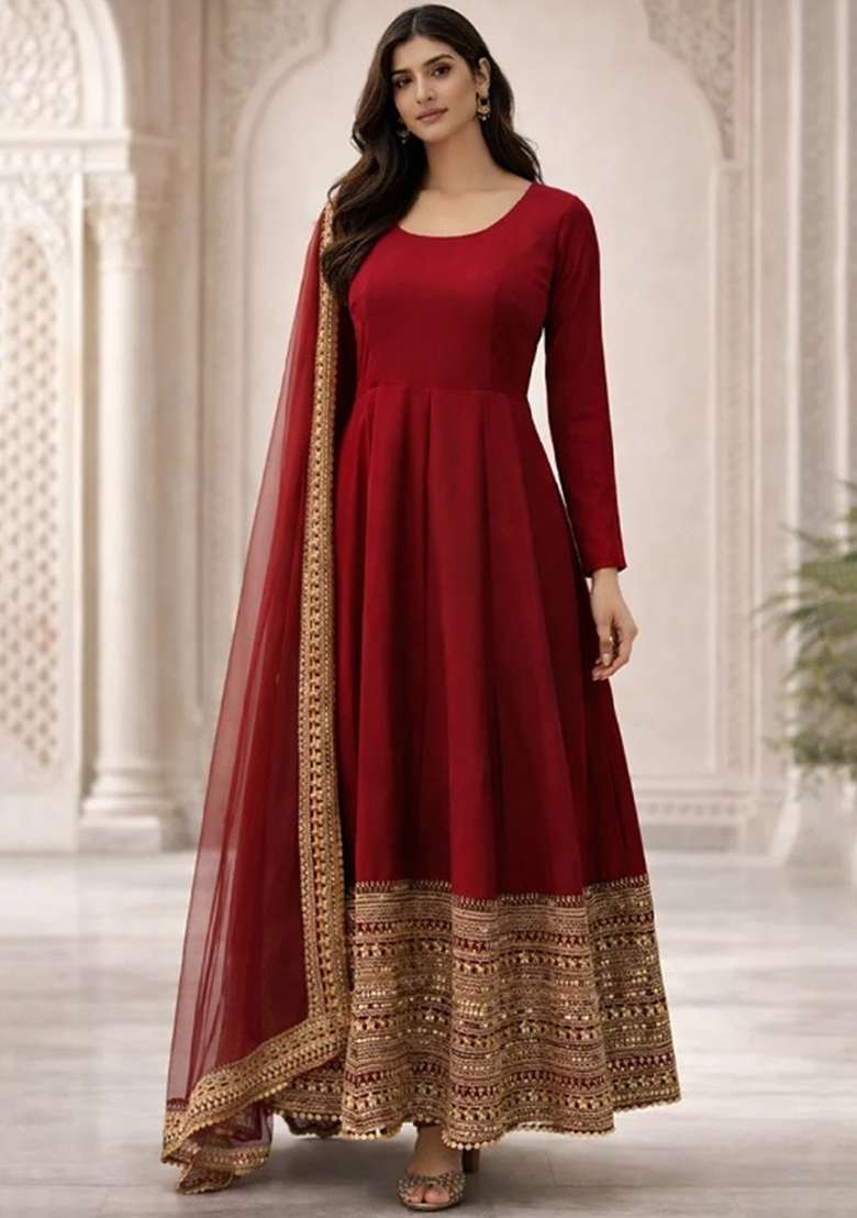Maroon Embroidered Silk Anarkali Set - Indya