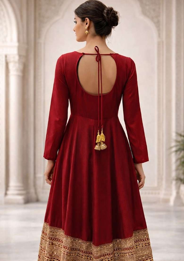 Maroon Embroidered Silk Anarkali Set - Indya
