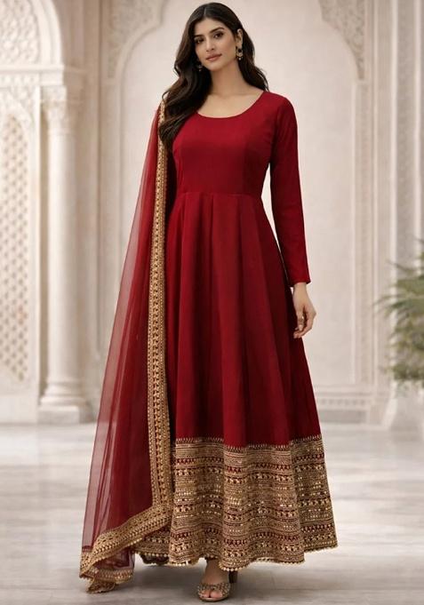 Maroon Embroidery Silk Anarkali Set