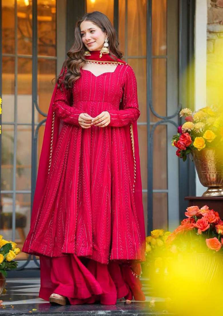 Red Embroidery Blooming Sharara Set - Indya