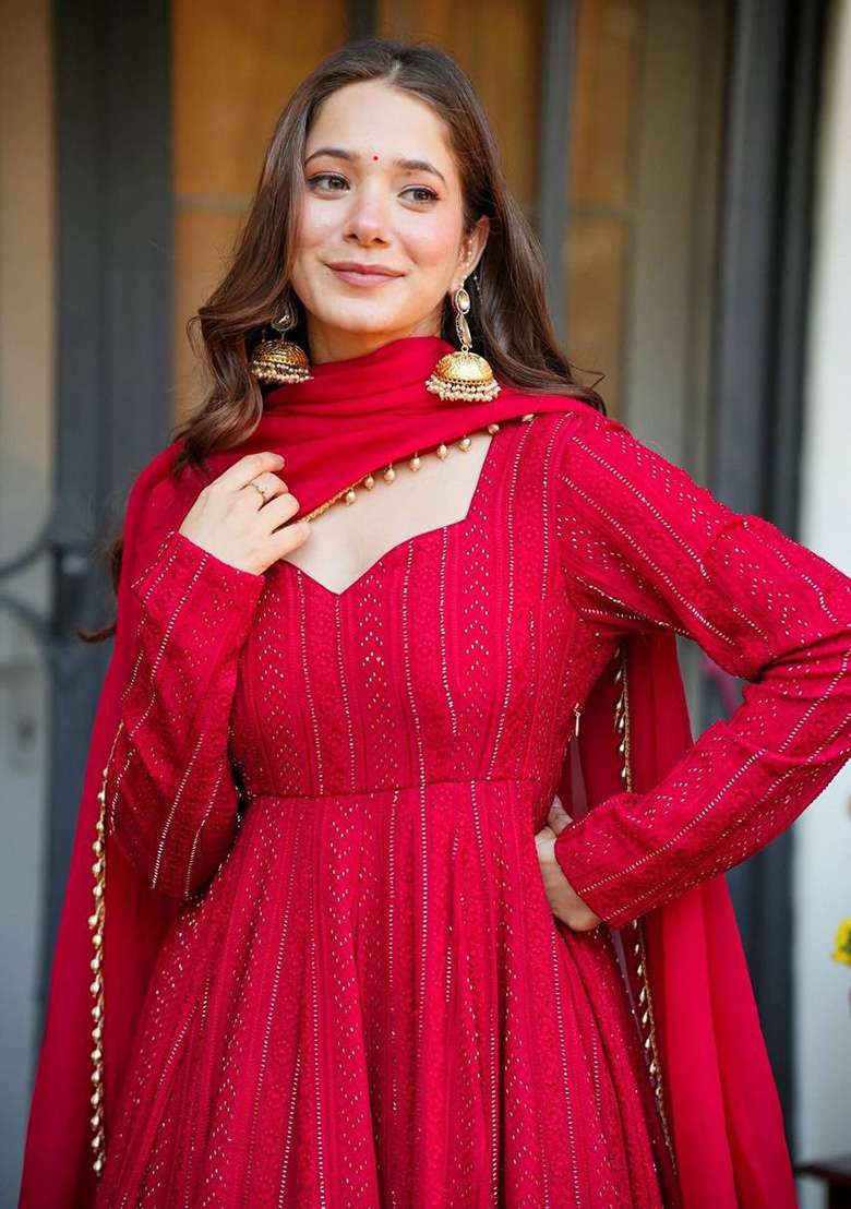 Red Embroidery Blooming Sharara Set - Indya