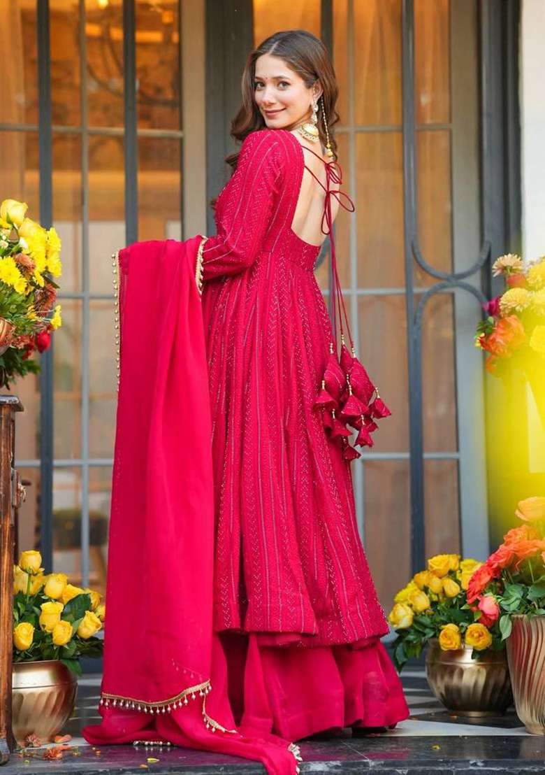 Red Embroidery Blooming Sharara Set - Indya