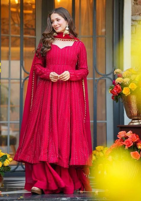 Red Embroidery Blooming Sharara Set