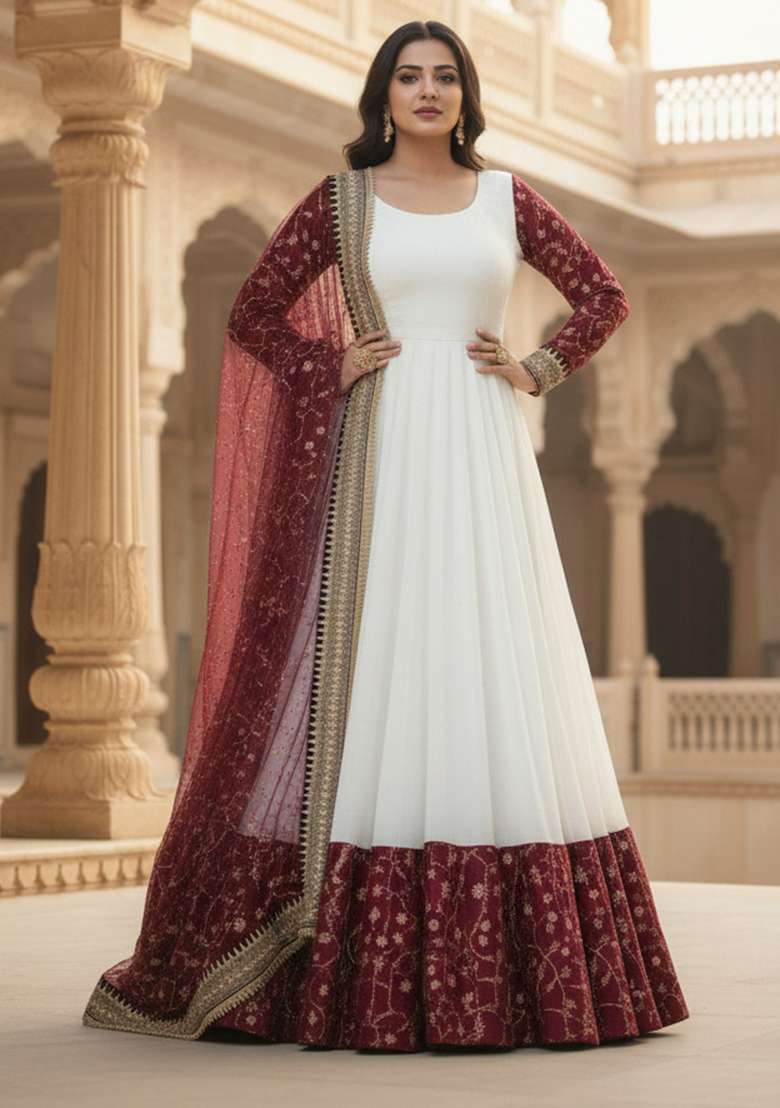 White Embroidered Georgette Anarkali Set - Indya