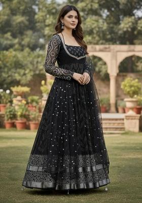 Black Embroidery Muslin Anarkali Set