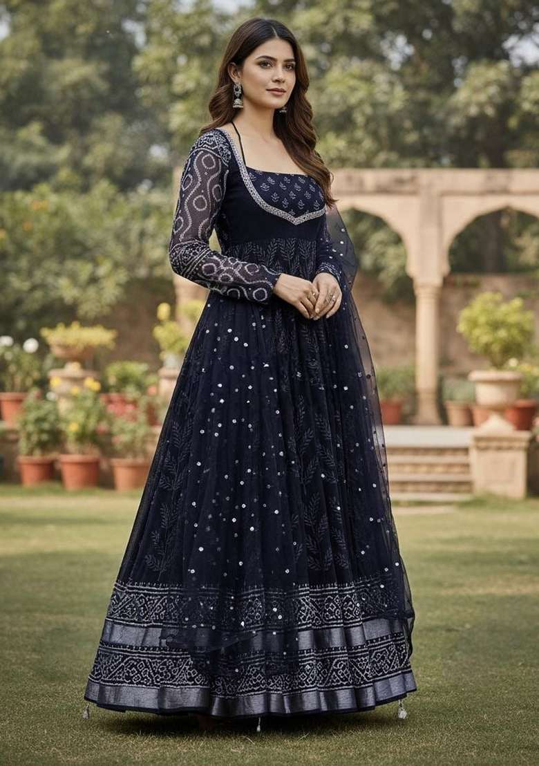 Black Embroidered Muslin Anarkali Set - Indya