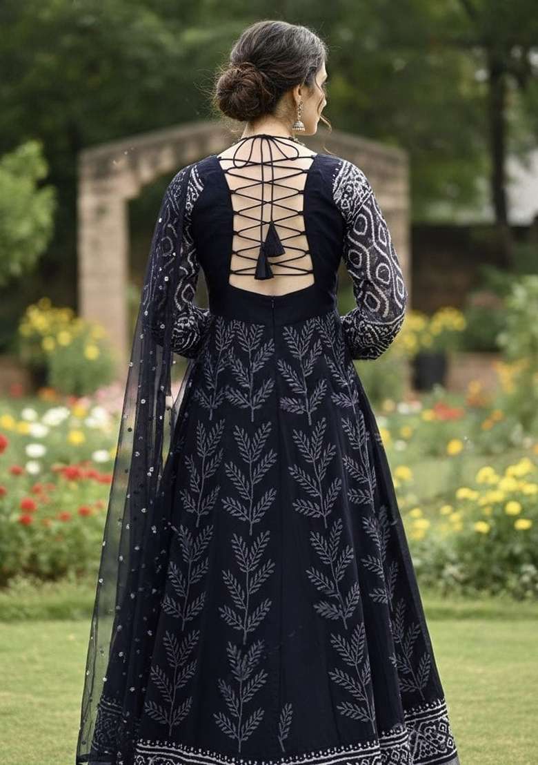 Black Embroidered Muslin Anarkali Set - Indya