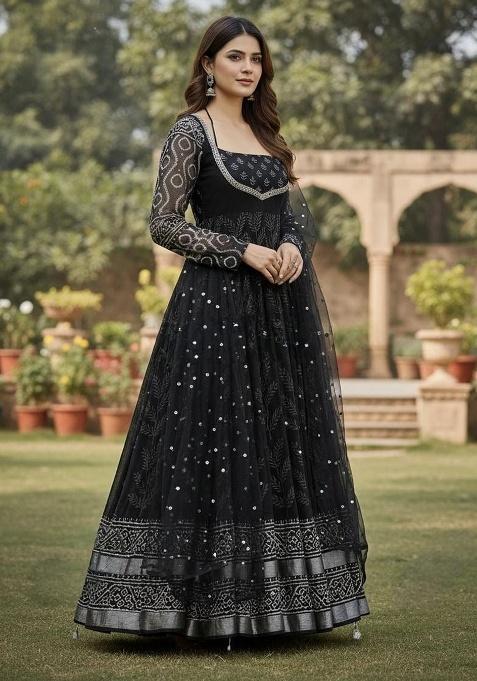 Black Embroidery Muslin Anarkali Set